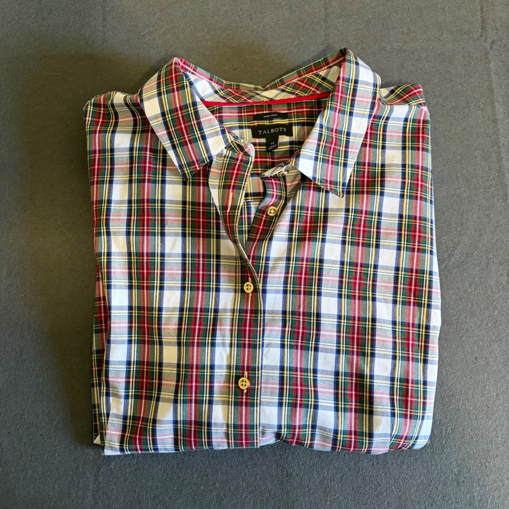 Talbots Button Down Shirt Womens 14 Plaid Red Gold Green Christmas Fall Core